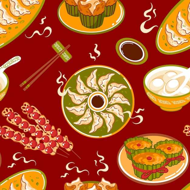 Vector traditional asian food for chinese new year seamless pattern nian gao rice cake fa gao southern rice balls ningbo soup balls candied hawthorns jiaozi dumplings chopsticks soy sauce cafe