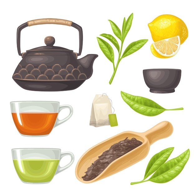 Vector traditional asian kettle with pattern and cup vector color realistic illustration