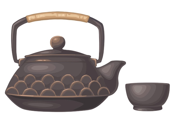 Традиционный азиатский чайник с узором и чашкой Векторная цветная реалистичная иллюстрация на белом фоне Ручной рисунок элемента дизайна для чайной церемонии приглашения меню этикетки