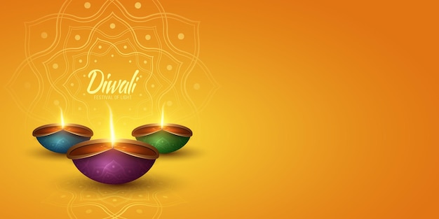 Traditional banner for Diwali festival of light Multicolored Diya lamps with mandala ornament Burning flame with particles Festive cover or header for website Greeting card in Indian style Vector