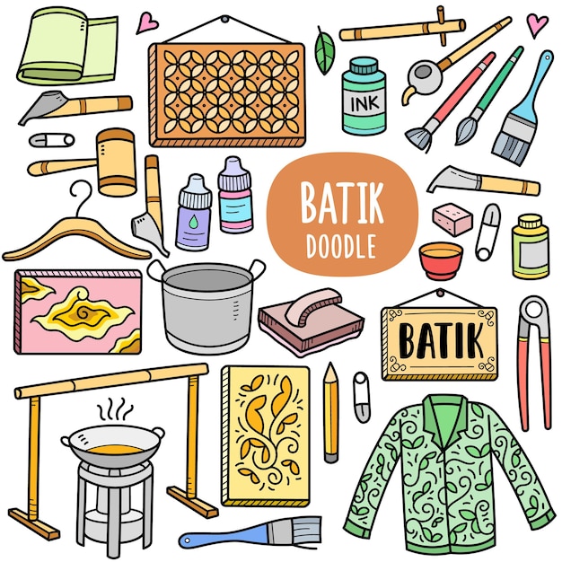 Traditional batik painting equipments colorful vector graphics elements and doodle illustrations