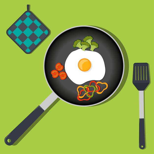 Традиционный завтрак яичница-болтунья с овощами на сковороде векторная иллюстрация в плоском стиле