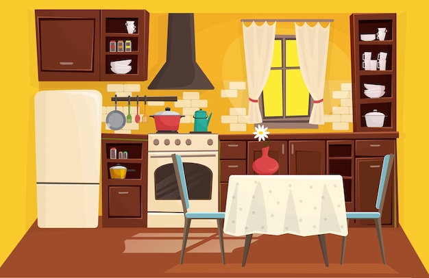 Vector traditional bright classic wooden game style kitchen interior illustration