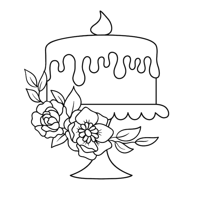 Traditional cake on stand with flowers Vector illustration in outline style isolated Logo for bakery cafe