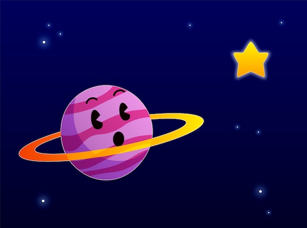 Illustrazione tradizionale del fumetto di un pianeta saturno che guarda una stella