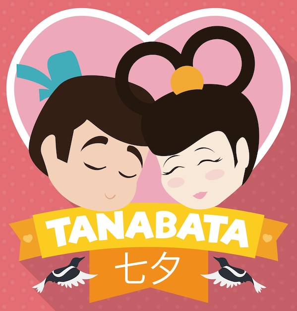 Traditional characters with heart and ribbon decorated with magpies for Tanabata Festival