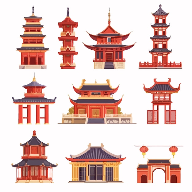 Vector traditional_chinese_buildings_set_pagoda_ancient