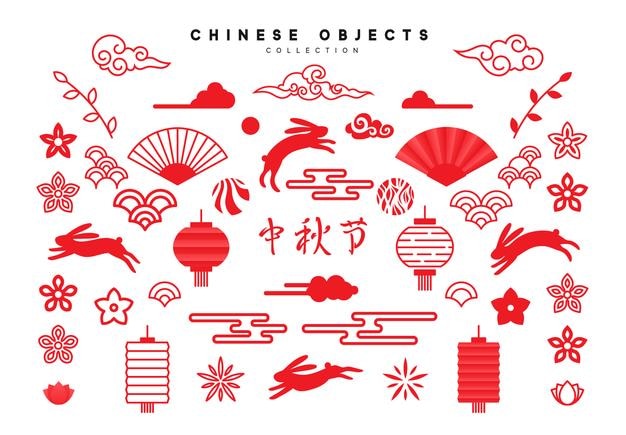 Traditional Chinese design elements for holiday, Mid Autumn festival. Collection of objects in red colors, isolated on white background. vector illustration