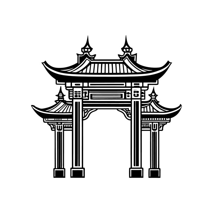 Vector traditional chinese gate illustration black and white line art of asian architecture and pagoda