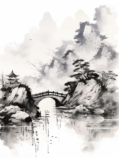 Traditional Chinese Ink Wash Painting of a Bridge and Pagoda Landscape