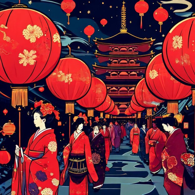 Vector traditional chinese lanterns in japanese city at night japan traditional chinese lanterns in j