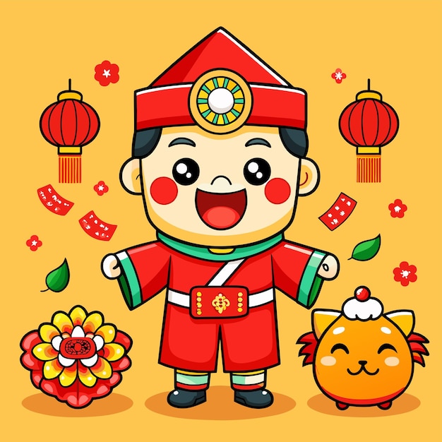 Vector traditional chinese new year celebration hand drawn mascot cartoon character sticker icon concept