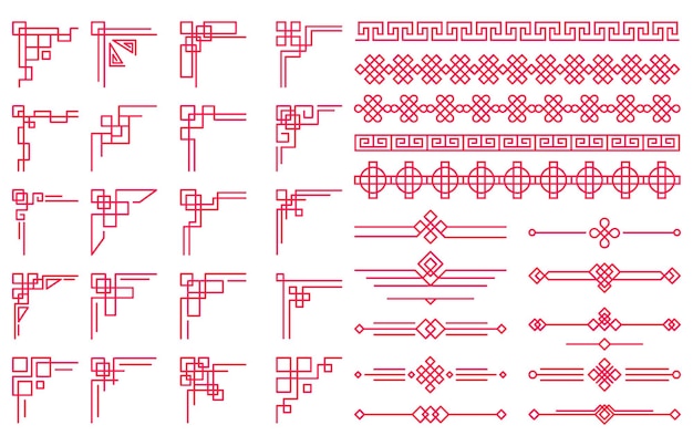 Separatori e elementi decorativi orientali cinesi tradizionali del confine. set di illustrazioni vettoriali per angoli e bordi dell'ornamento festivo asiatico