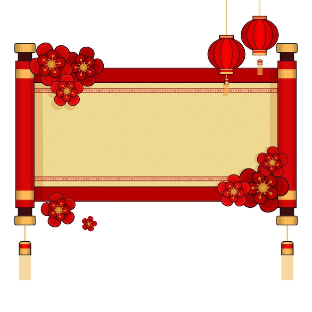 Traditional Chinese Paper Scroll in Red with Flowers and Red Lampion