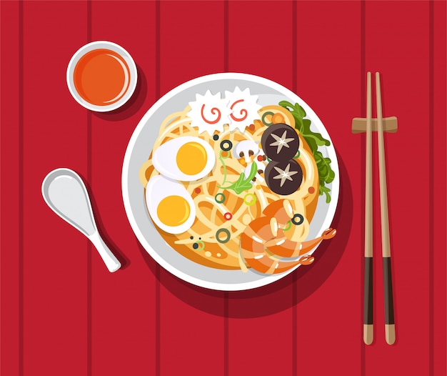 Vector traditional chinese soup with noodles, noodle soup in chinese bowl asian food