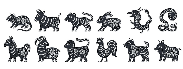 Insieme dello zodiaco cinese tradizionale di tutti gli animali per il capodanno cinese