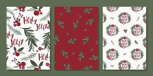 Traditional christmas card sets with wreath and christmas lives pattern