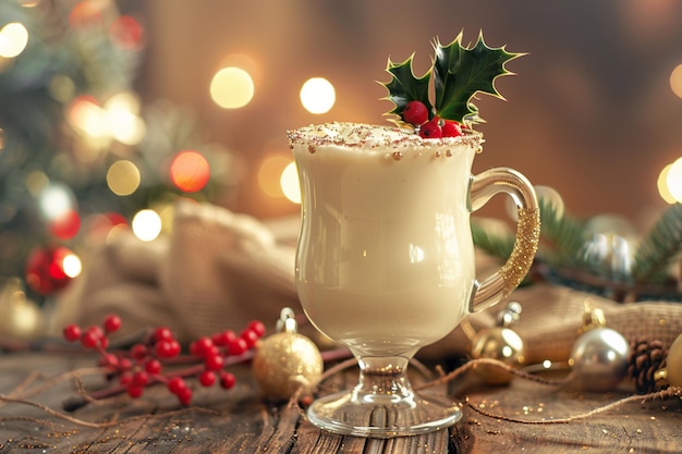 traditional christmas drink eggnog with candies and spices top view selective focus blurred fairy