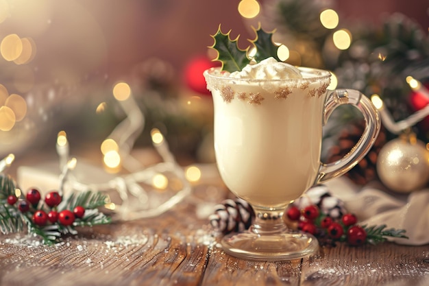 traditional christmas drink eggnog with candies and spices top view selective focus blurred fairy