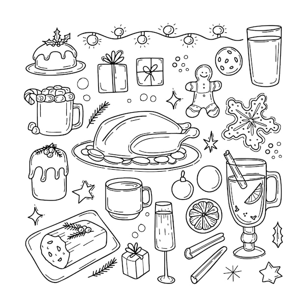 낙서 스타일의 전통적인 크리스마스 음식과 음료 그림
