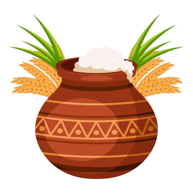 Happy Pongal 収穫祭お祝いカードの米サトウキビと小麦の伝統的な土鍋