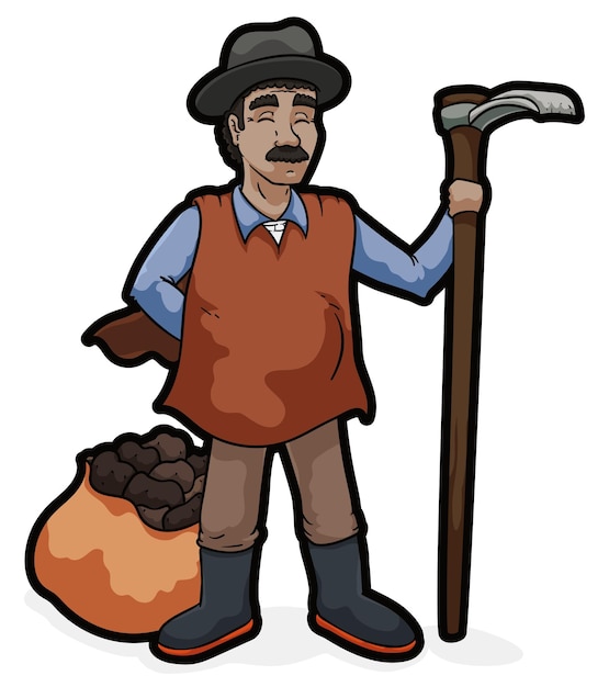 Vector traditional colombian farmer wearing a ruana hat and holding a mattock next to a potato sack