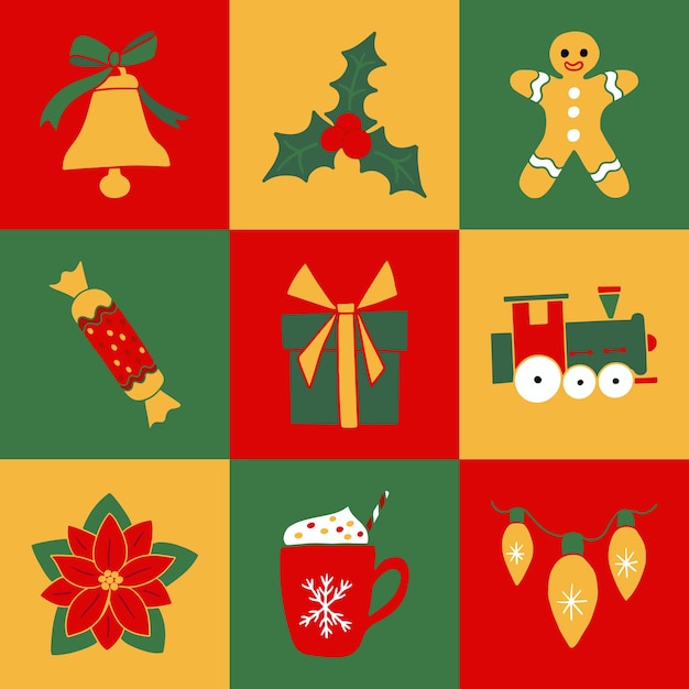 Traditional colors flat Christmas graphic composition Red Green and Yellow traditional decorartion