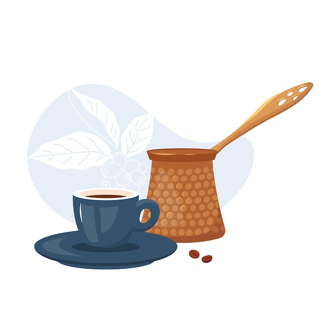 traditional copper cezve and small porcelain coffee cup with rich aromatic espresso Flat vector