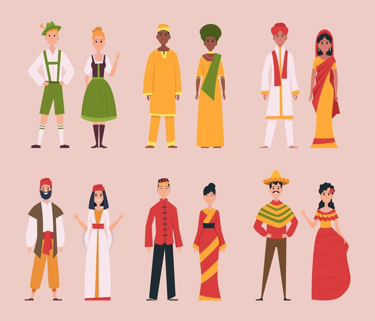 Vector traditional costumes national authentic people in european clothes ukranian mongolia belarus nigeria turkey and poland exact vector characters