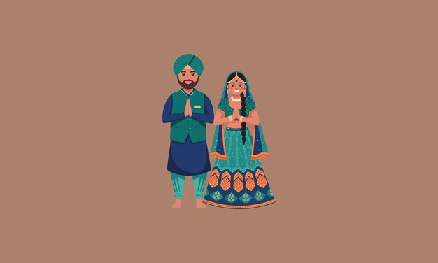 Vector traditional couple in cultural attire greeting with folded hands