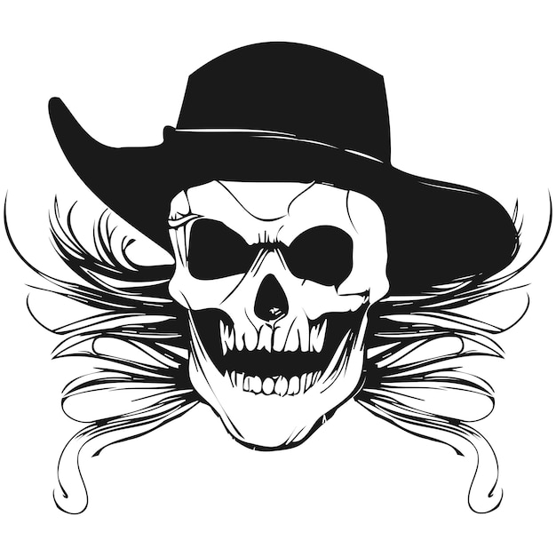 Clipart in bianco e nero di vettore disegnato a mano del tatuaggio del cranio del cowboy tradizionale