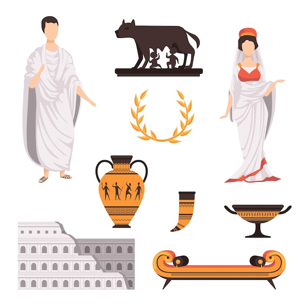 Simboli culturali tradizionali dell'antica roma set vettoriale illustrazioni isolate su uno sfondo bianco