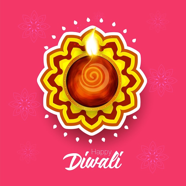 Traditional Diwali Festival banner Realistic Diya lamps garland of light bulbs and decorations