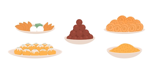 Set di oggetti vettoriali a colori semi piatti per snack tradizionali diwali