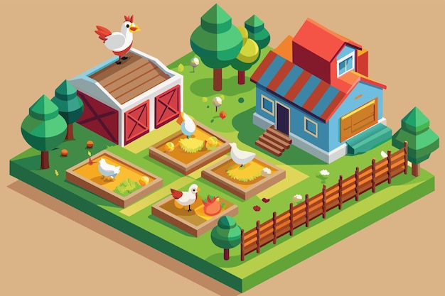 A traditional farm setting with a barn and freerange chickens roaming around Farmfresh eggs from freerange chickens