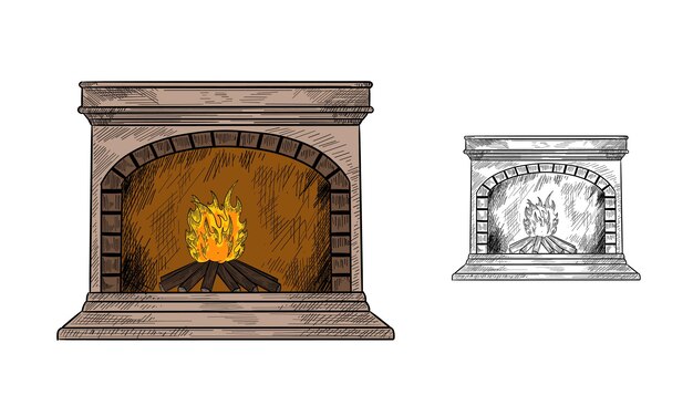 Traditional fireplace with a burning fire Sketch Engraving style Vector illustration