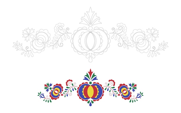 Traditional folk ornament Floral embroidery Czech pattern Coloring pages with a colour template Moravian Slovak and Hungarian symbol Vector illustration