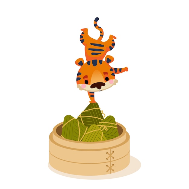 Traditional food rice dumpling from bamboo steamer to celebrate dragon boat festival. duanwu holiday. zongzi on bamboo leaves. tiger cub cartoon athlete. taiwan traditional food. vector art.