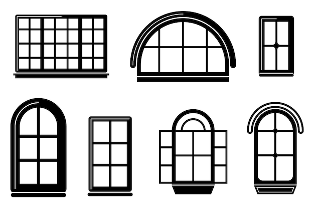 Traditional french arch round or othic window frames line set architecture elements flat vector