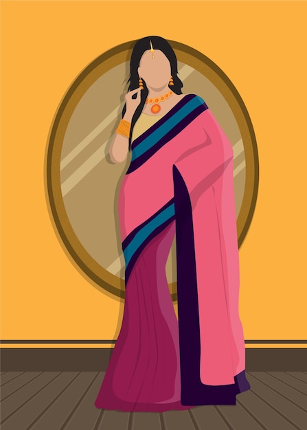 Vettore illustrazione piana della ragazza tradizionale che indossa il saree elegante di colore vibrante