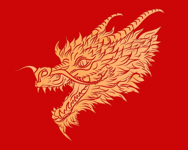 Traditional golden chinese dragon head in hand drawn style on bright red background