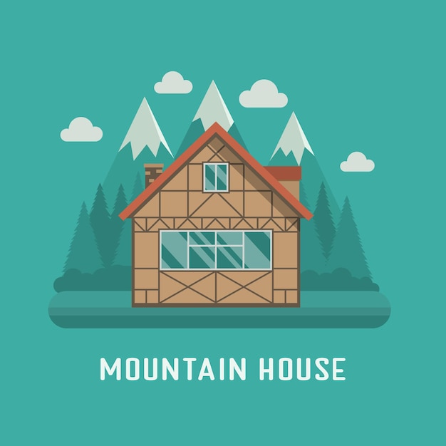 Traditional half-timbered cottage at national park area. Mountain chalet building. Family summer house poster. Living or rental country home on mountains landscape. Wooden hut dwelling for booking.