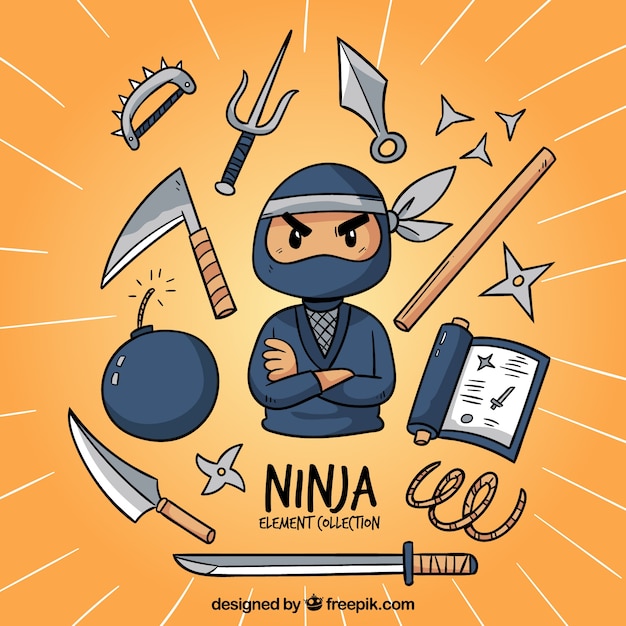 Collezione di elementi ninja disegnati a mano tradizionali