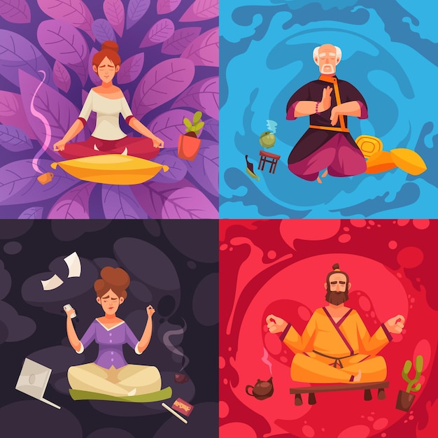 Vettore tradizionale indiana hatha yoga pratica ufficio meditazione posa del loto rilassamento sensazione fluttuante composizioni di cartoni animati colorati illustrazione