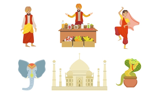 Vector traditional indian symbols set elephant taj mahal cobra and indian people in traditional clothing vector illustration