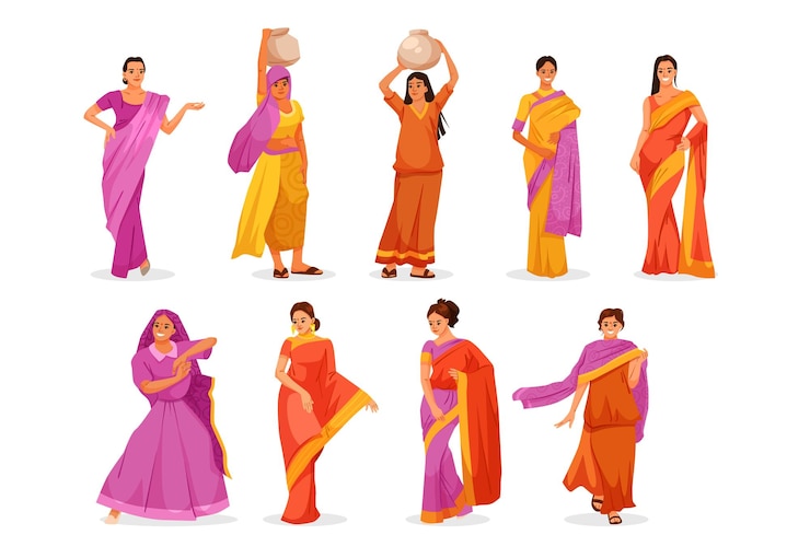 Vector traditional indian woman clothing set in colorful sarees and poses vector illustration