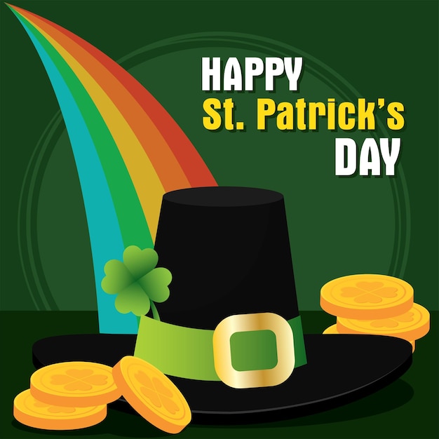 Traditional irish hat with golden coins and rainbow Patrick day poster Vector