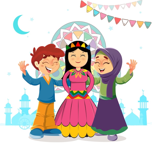 Vector traditional  islamic greeting of two kids and mawlid bride celebrating, holiday of prophet muhammad bithday