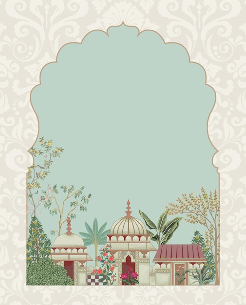 Традиционный исламский арочный дворец Великих Моголов с рамкой для иллюстрации павлина для печати приглашения