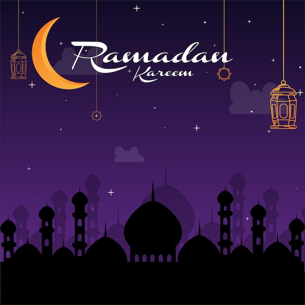 traditional islamic ramadan kareem card design with hanging lanterns